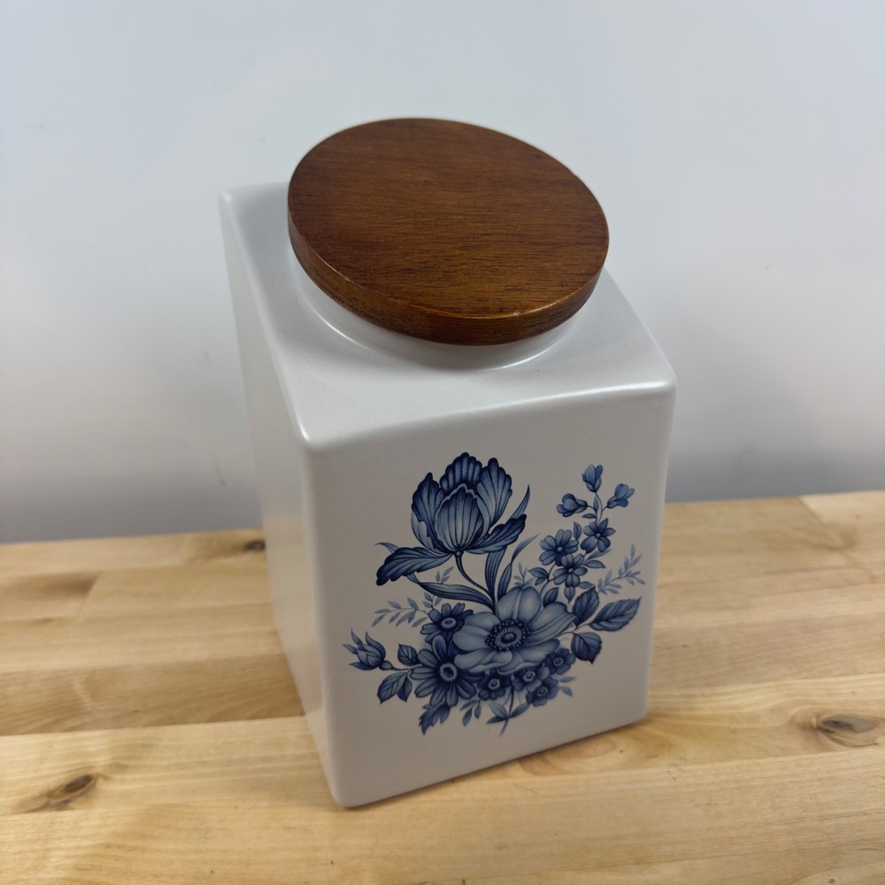 Hyalyn USA Pottery Canister Blue Floral White Square Slanted Wood Lid MCM